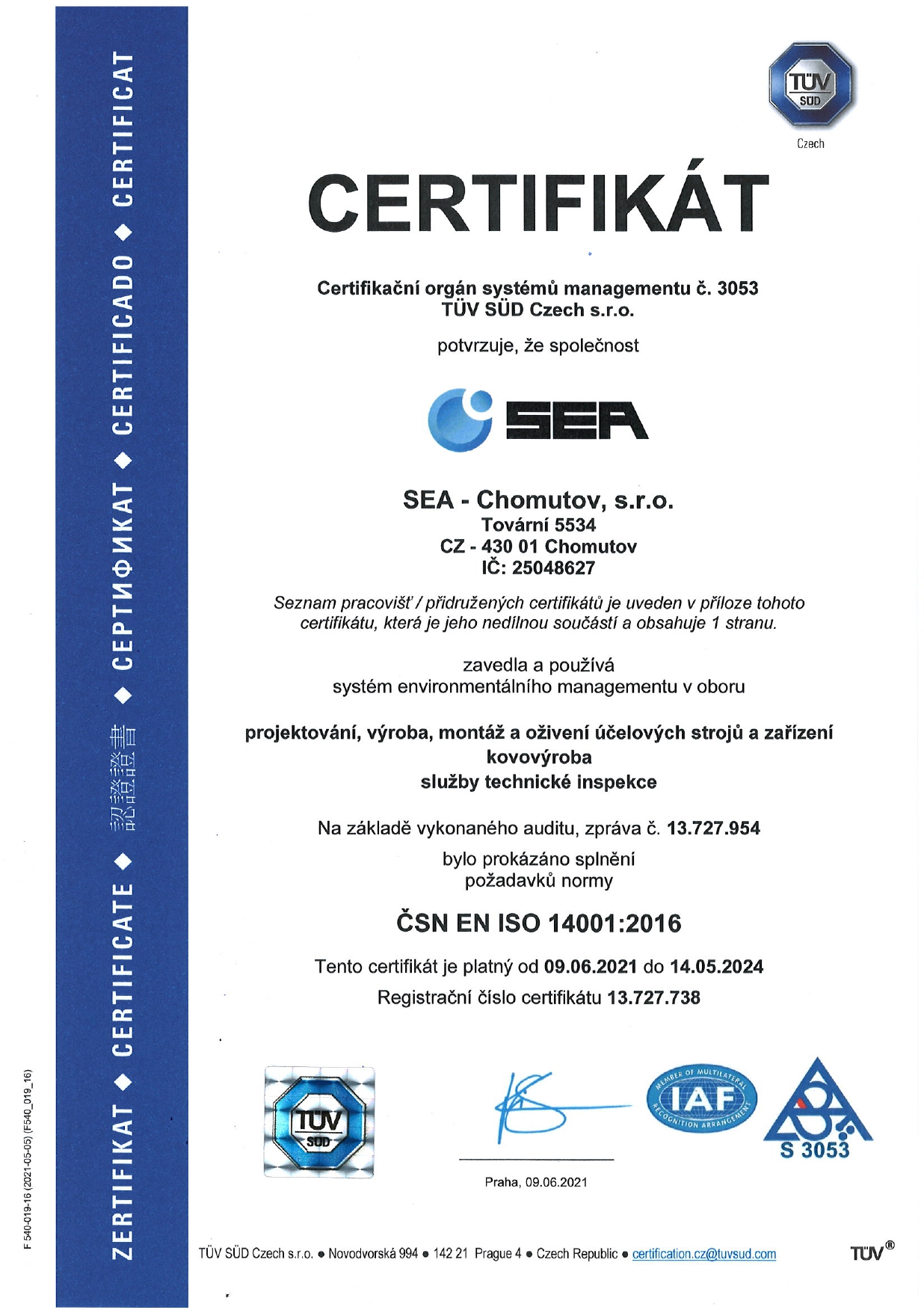 Certifikát systému environmentálního managementu podle ČSN EN ISO 14001:2016