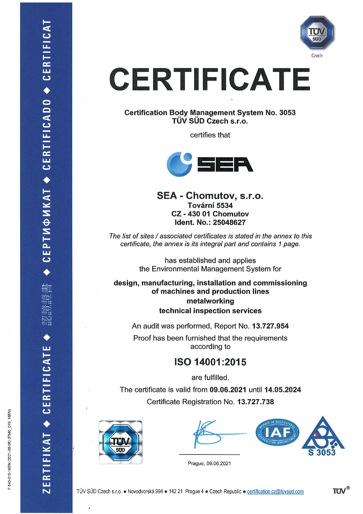 Certificate of Environmental Management System According to EN ISO 14001:2015