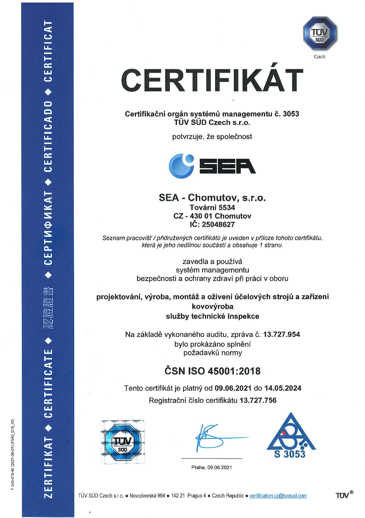 Certifikát systému managementu bezpečnosti a ochrany zdraví při práci podle ČSN ISO 45001:2018