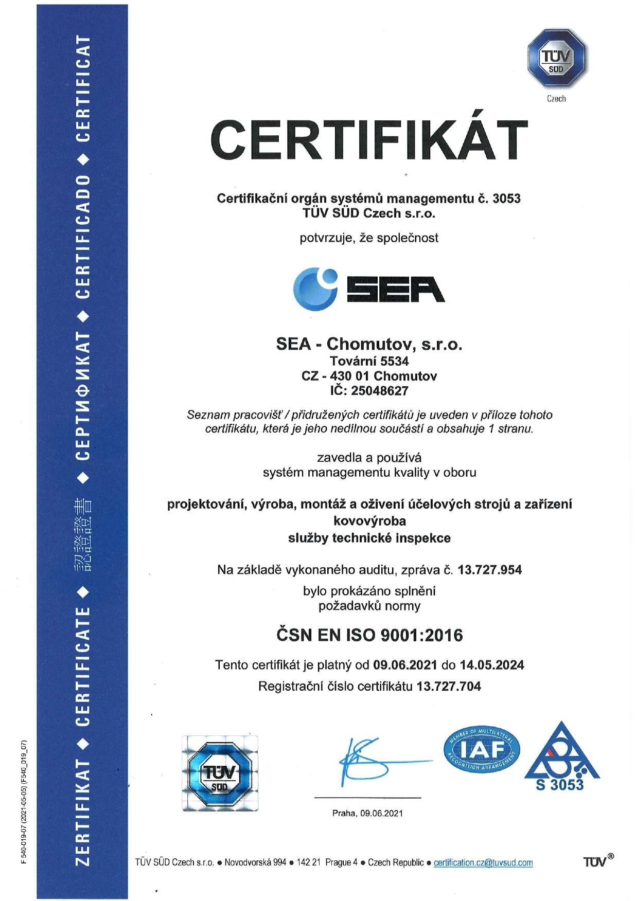 Certifikát systému managementu kvality podle ČSN EN ISO 9001:2016