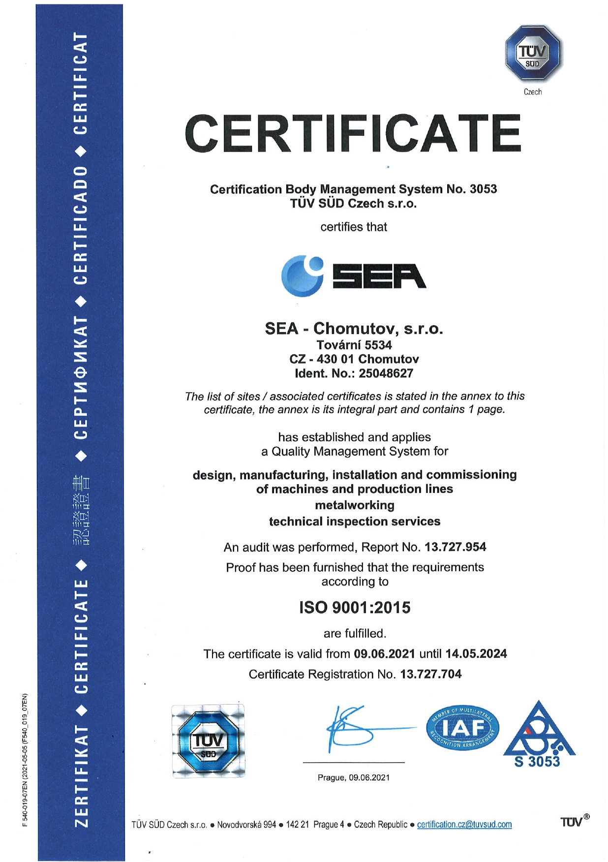 Certificate of quality management system according to EN ISO 9001:2015