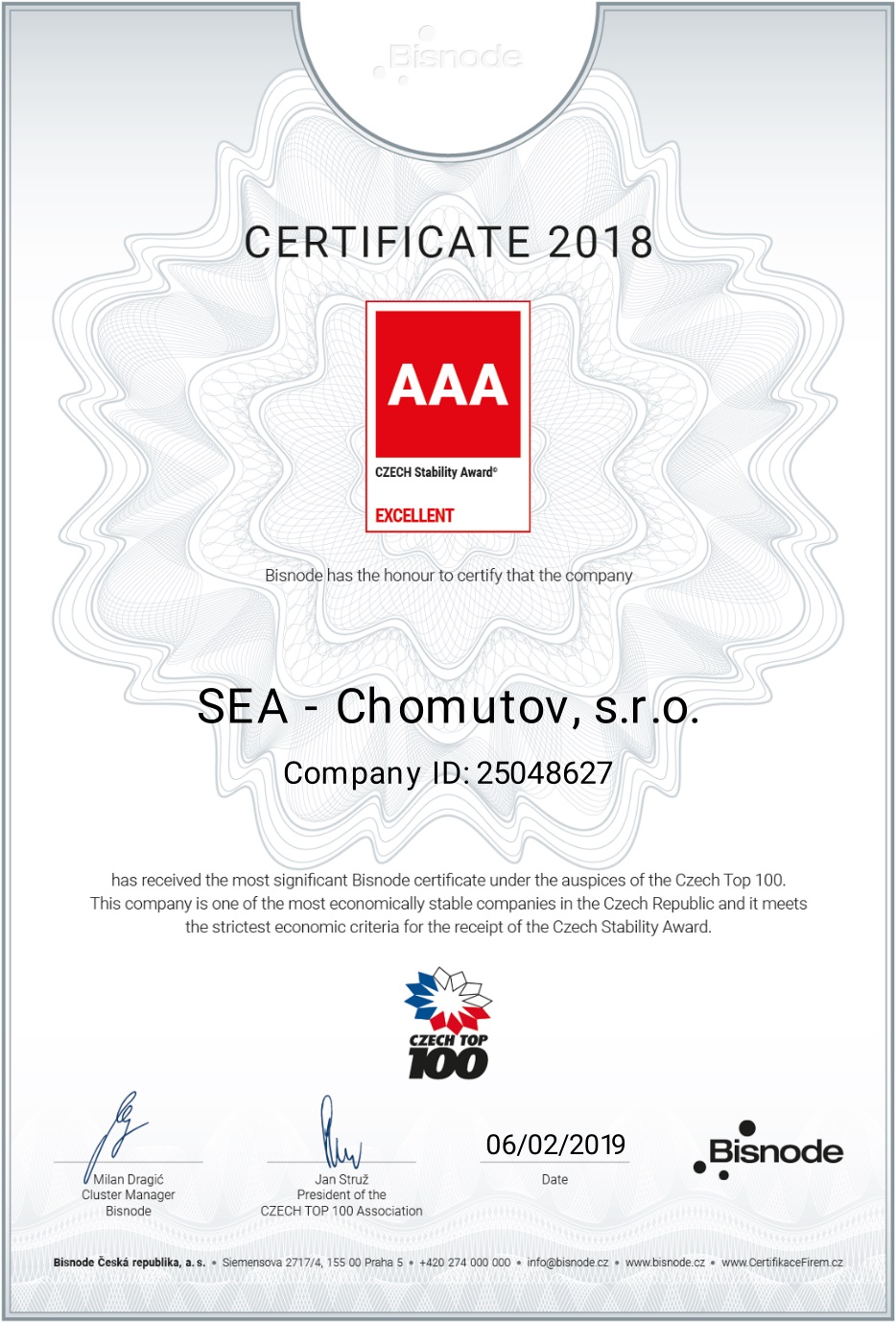 CZECH TOP 100 - certificate CZECH Stability Award AAA EXCELLENT