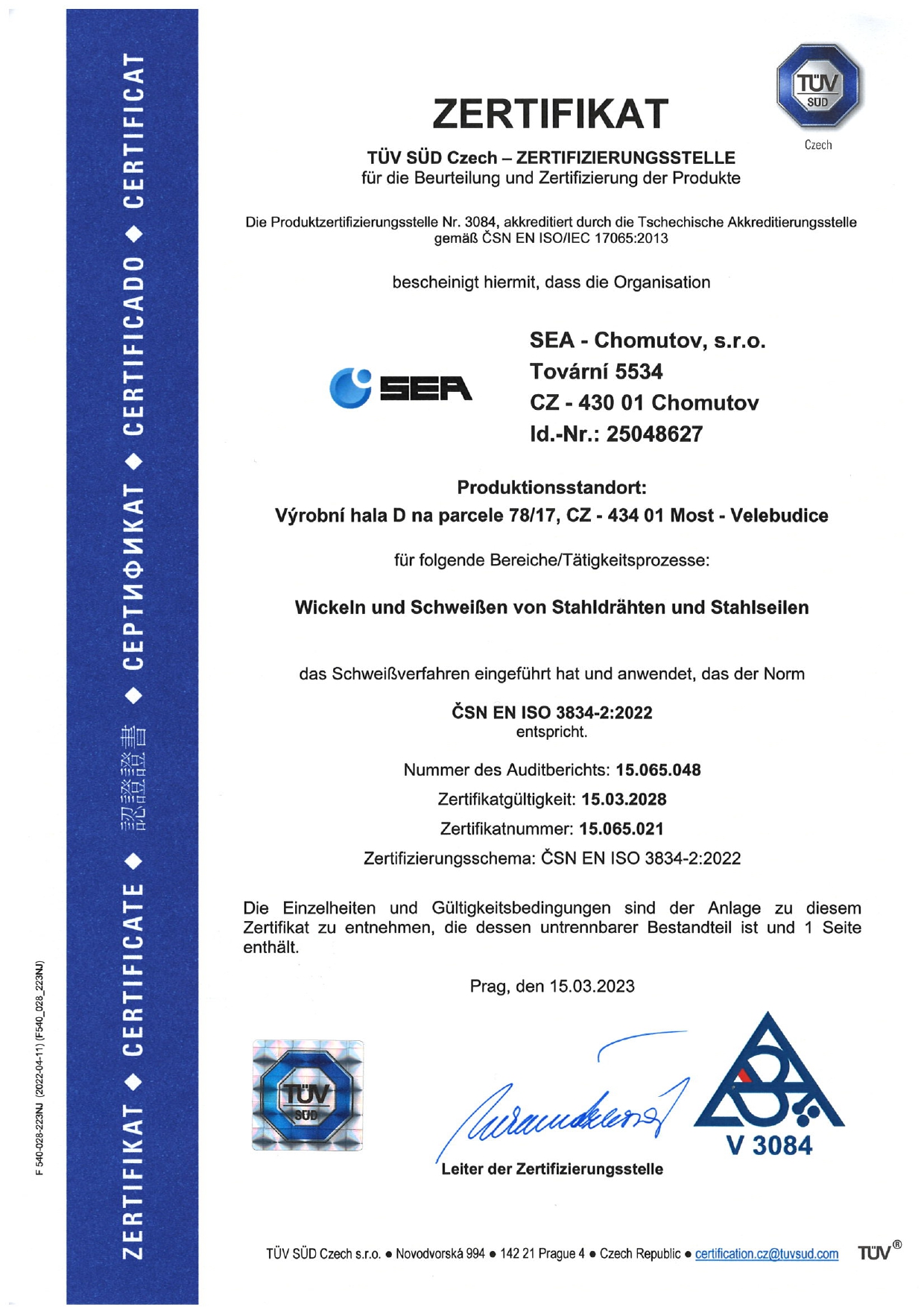 Zertifikat des Qualitätsmanagement-Systems nach ČSN EN ISO 9001:2015