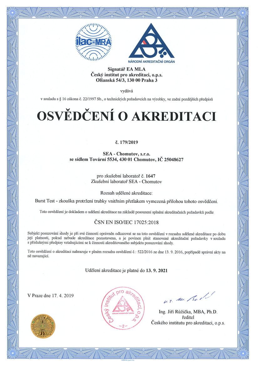 Osvědčení o akreditaci podle ČSN EN ISO/IEC 17025