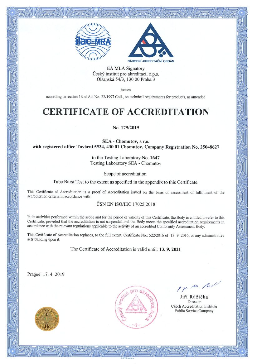 Certificate of accreditation of testing laboratory according to EN ISO / IEC 17025:2005