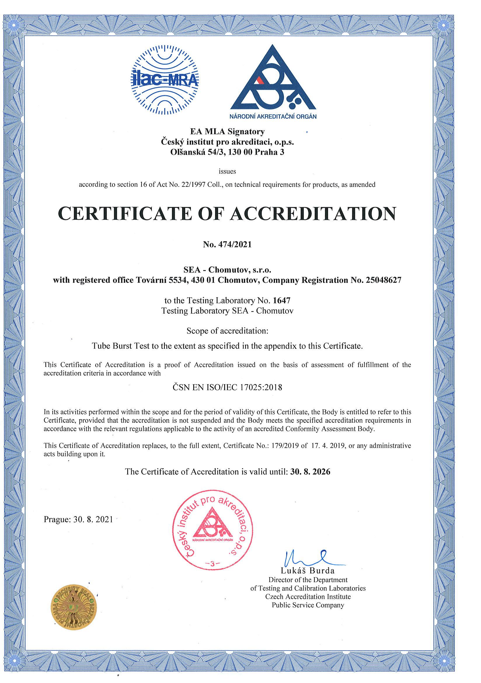Certificate of accreditation of testing laboratory according to ČSN EN ISO / IEC 17025:2005