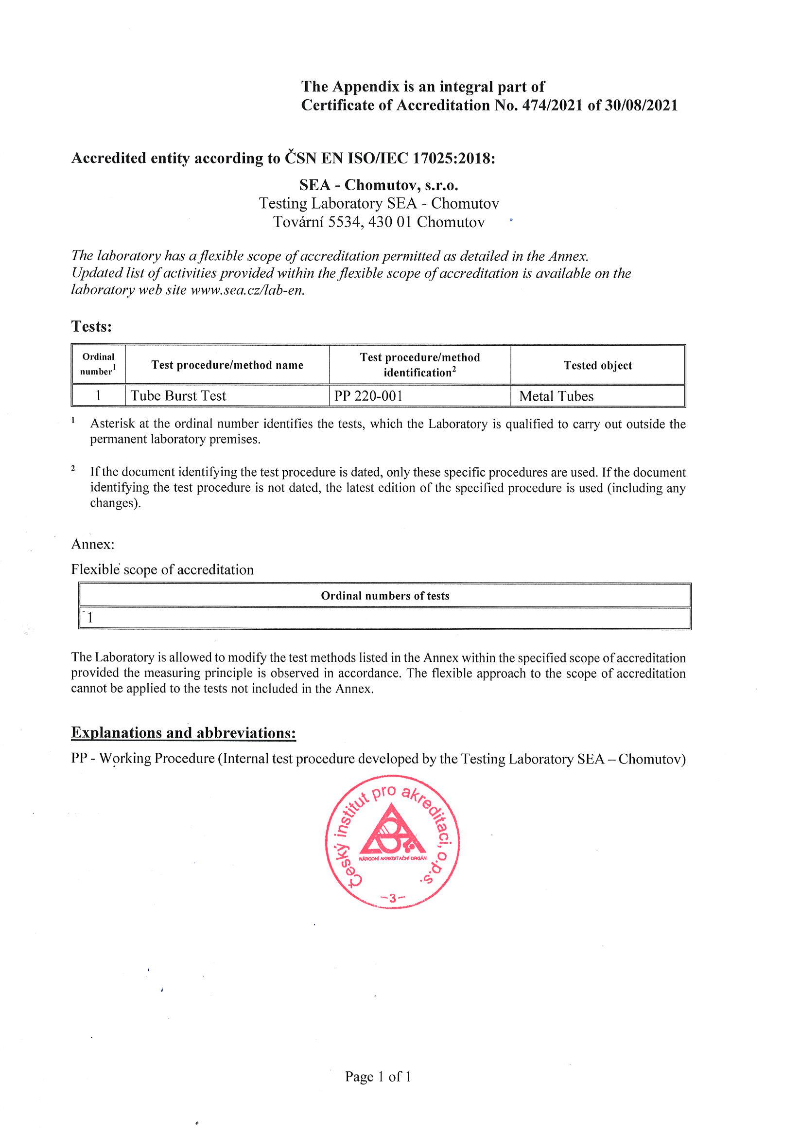 Appendix to the certificate of accreditation of testing laboratory according to ČSN EN ISO / IEC 17025:2005